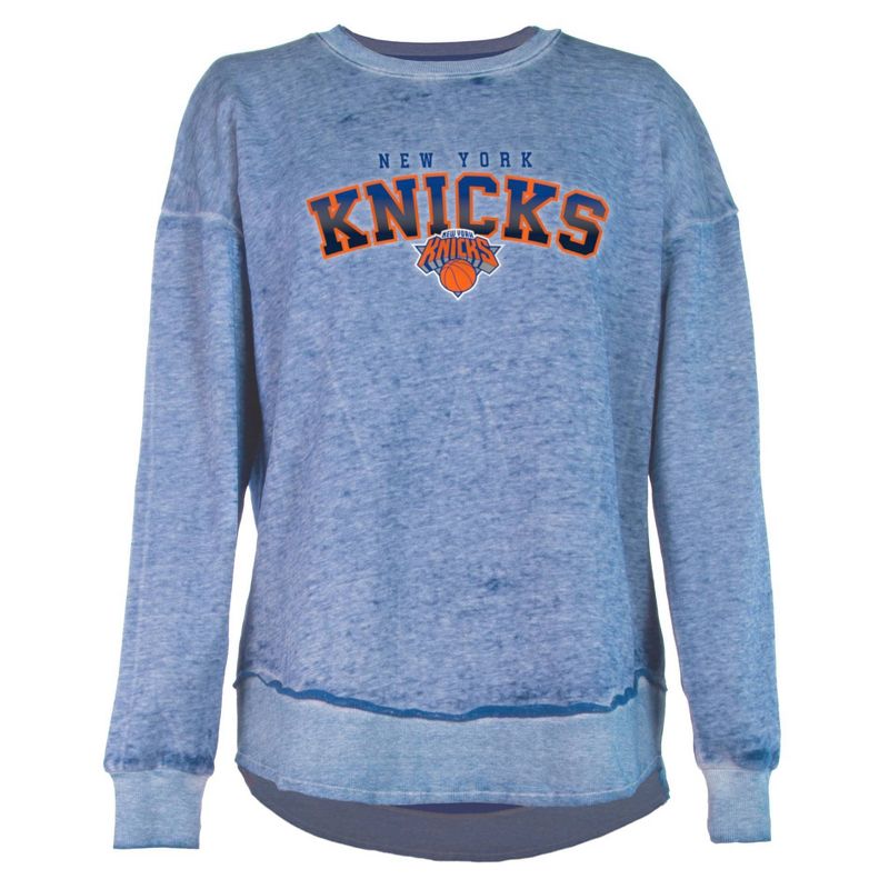 NBA New York Knicks Women&#39;s Ombre Arch Print Burnout Crew Neck Fleece Sweatshirt, 1 of 5