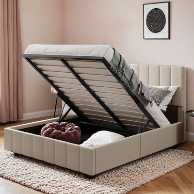 Lift-up Upholstered Platform Bed with Storage, Full-Size Bed Frame with Hydraulic System and Vertical Channel Headboard - Leovsnove