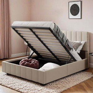 Lift-up Upholstered Platform Bed with Storage, Full-Size Bed Frame with Hydraulic System and Vertical Channel Headboard - Leovsnove - 1 of 4