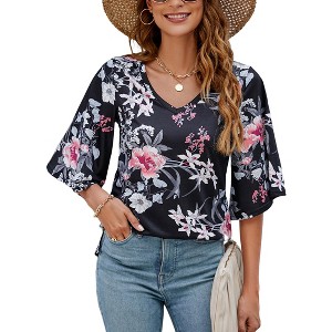 Women's 3/4 Bell Sleeve Shirt Loose Fit V Neck Blouse Cute Tops - 1 of 4