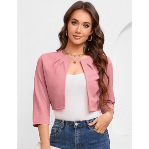 Womens Casual Business Cropped Blazer Jacket 3/4 Sleeve Collarless Open Front Cardigan Work Shrug - 1 of 4