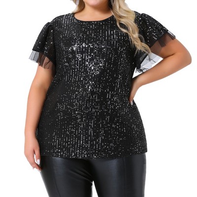 Agnes Orinda Women's Plus Size Sequin Ruffle Short Sleeve Glitter Party Sparkle Club Night Tops Blouses