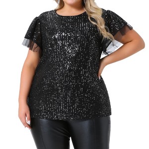 Agnes Orinda Women's Plus Size Sequin Ruffle Short Sleeve Glitter Party Sparkle Club Night Tops Blouses - 1 of 4