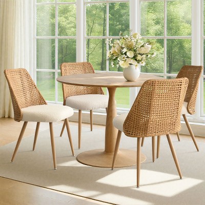 Dining Table Set for 4, Round Pedestal Kitchen Table, Natural Woven Back Chairs with Upholstered Seats, Small Dining Room Solution-Tanpinhause