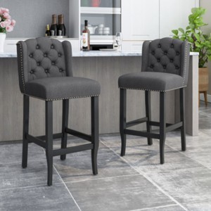 31 Inch Bar Stools Set Of 2,Fabric Upholstered Kitchen Chairs With Tufted Wingback,Armless Living Room Chairs,Rubberwood Dining Bar-Cuddlewood - 1 of 4