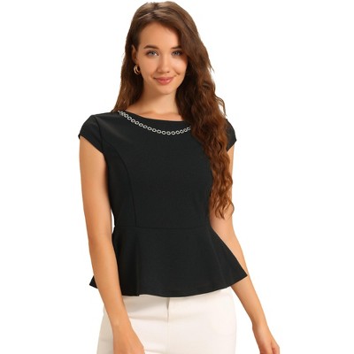 INSPIRE CHIC Women's Peplum Hem Round Neck Cap Sleeve Business Elegant Plain Tops