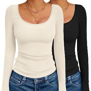 Ekouaer 2 Pack Long Sleeve Shirts for Womens Scoop Neck Tops Slim Fit Undershirts Basic Thermal Tee Shirt - 1 of 4