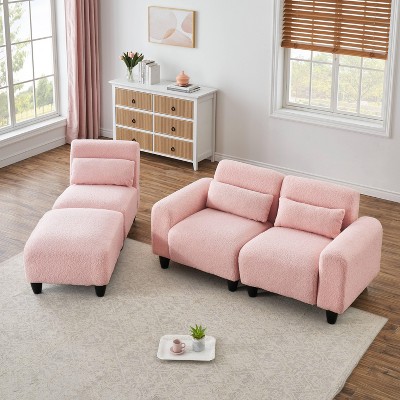 VYNXARIA The 84.6-inch pink teddy fleece creative sofa can be assembled into a two-seater sofa plus a single couch with three waist pillows