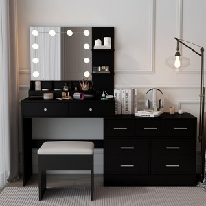 KTMBDW Vanity Desk with Mirror, LED Lights and Power Outlet Makeup Vanity Table with 9 Drawers and 2 Storage Shelves Dressing Table for Bedroom - 1 of 4