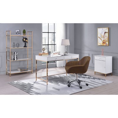 Contemporary White High Gloss 52" Office Desk with Gold Accents