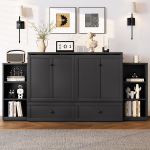 TIRAMISUBEST Full/Queen Size Murphy Bed with 2 Bedside Cabinets, Storage Folding Wall Bed Frame with Large Drawer - 1 of 4