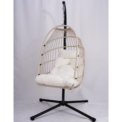 Vynxaria Outdoor Egg Hanging Chair with Stand, Patio Wicker Swing Egg Chair Indoor Swinging Chair Outdoor Hammock Egg Chair Off-white