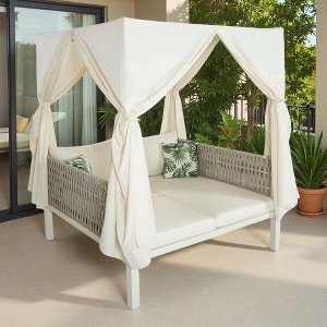 Outdoor Patio Rattan Canopy Daybed Sunbed with Curtain and Woven Rope Arm - 1 of 4
