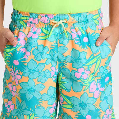 Cat & Jack Boys' Floral Trunk Swim Shorts - Cat & Jack™ Orange/Teal/Lime M — фото 3
