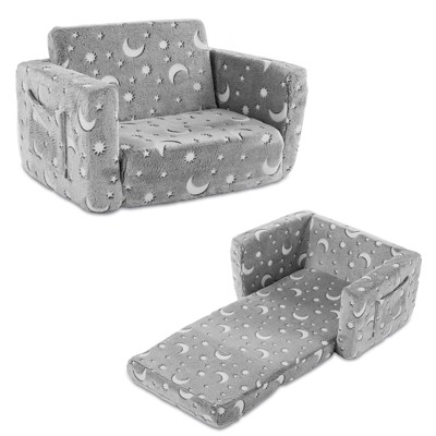 Angel Sar Glow-in-the-Dark Kids Foldable Sofa Bed, All-Sponge Single Chaise Lounge with Star & Moon Flannel, Light Grey 2-in-1 Sleeper