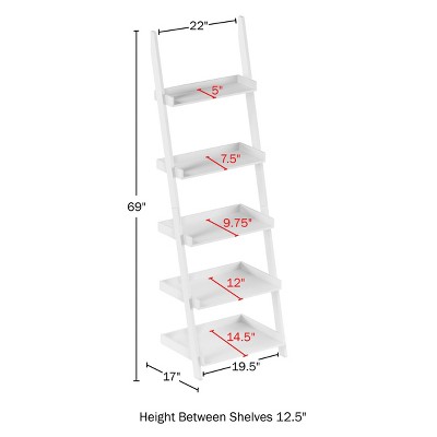 White 5-Tier Wood Ladder Bookshelf for Storage