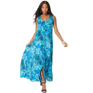 Roaman's Women's Plus Size Petite Button Front Crinkle Dress - 1 of 4
