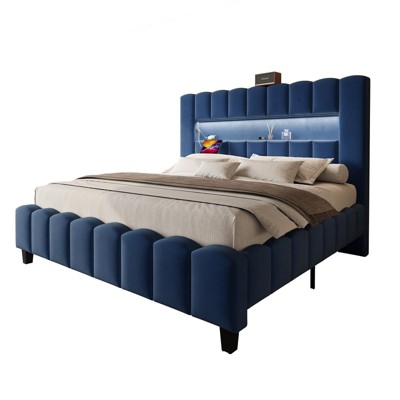 Bed Frame with LED Lights, Upholstered Platform Bed Frame with 51.2" Storage Headboard
