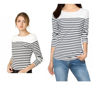 Allegra K Women's Color Block Round Neck Long Sleeves Striped Basic T-Shirt 2 Packs - 1 of 4