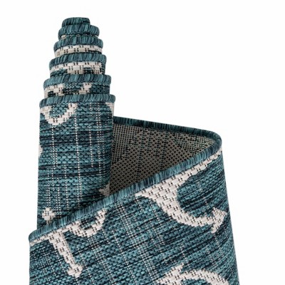 Teal and Ivory Nautical Anchor Outdoor Rug 4' x 6'