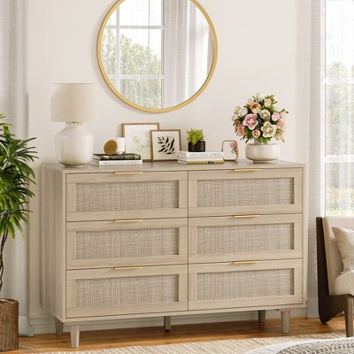 Angel Sar 47" Rattan 6 Drawer Dresser for Bedroom, Wood Dresser & Chest of Drawers with Metal Handles