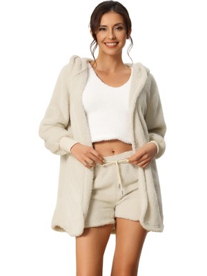 Cheibear Women's Fuzzy Fleece Soft Coat Jacket And Crop Top With Shorts 3-piece  Pajamas Lounge Set White Xx-large : Target