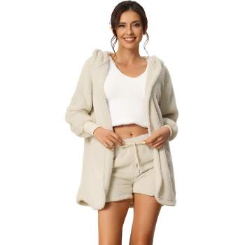 cheibear Women's Fuzzy Fleece Soft Coat Jacket and Crop Top with Shorts 3-Piece Pajamas Lounge Set