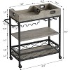 3 Tier Bar Cart with Wheels for Home, Two Portable Trays, Wine Rack, Glasses Holder, Industrial Serving Cart for Kitchen, Living Room, Dining Room - 3 of 4