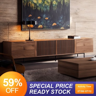 Luck Live Mid-Century Modern TV Stands 94.48"  Consoles,up to100'' Media Centerw/ Cabinets & wood Doors&Metal Frame,Walnut-colored
