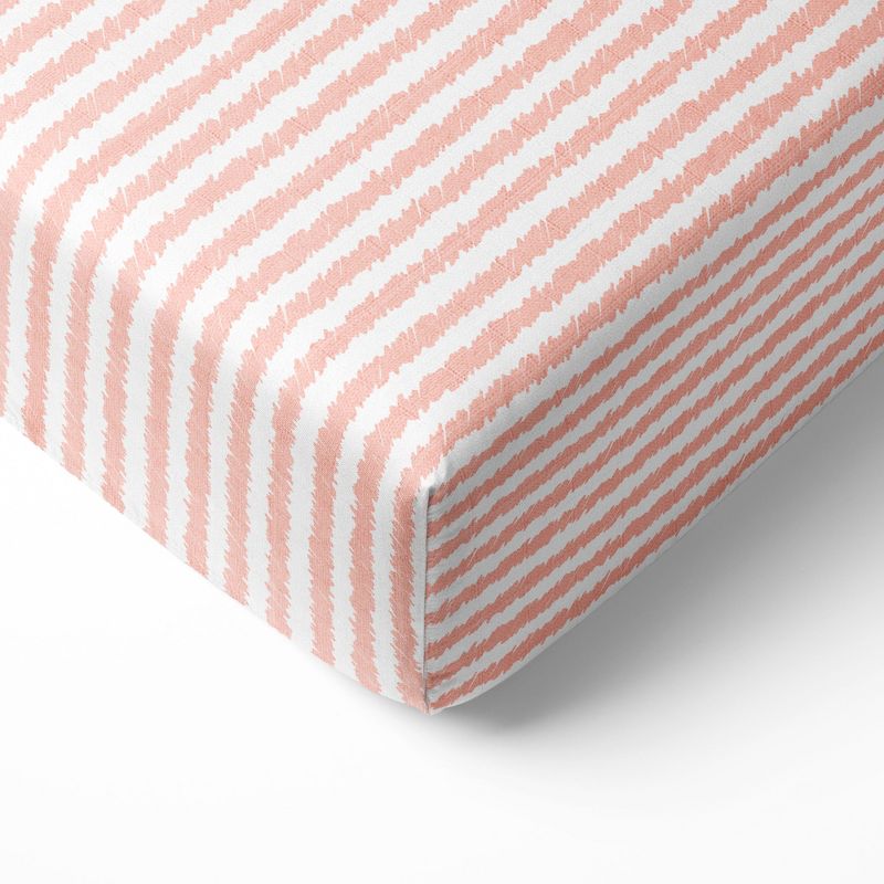 Bacati - Ikat Coral Stripes Muslin 100 percent Cotton Universal Baby US Standard Crib or Toddler Bed Fitted Sheet, 1 of 6