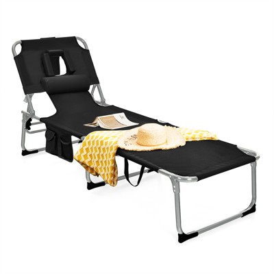 Tangkula Beach Lounge Chair Reclining Chair with 5 Adjustable Positions Detachable Pillow &Hand Ropes Blue/Black/Gray/Turquoise/Beige/Pink