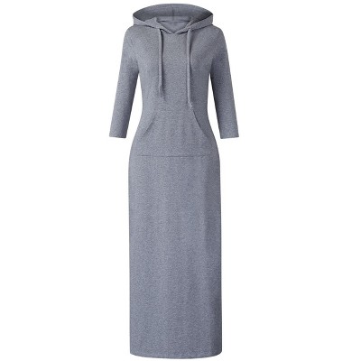 Womens Hoodie Sweat Dress 3/4 Sleeve Slim Fit Hooded Maxi Dress Stripe Summer Dress Soft Lounge Dress