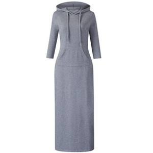 Womens Hoodie Sweat Dress 3/4 Sleeve Slim Fit Hooded Maxi Dress Stripe Summer Dress Soft Lounge Dress - 1 of 2