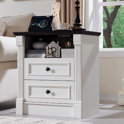 SinCiDo 26" H Farmhouse Nightstand w/ Charging Station 23.6" W Rustic End Table Roman Column,Open Shelf,2 Drawers & Metal Handles