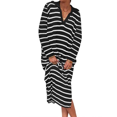 Womens Striped Sweater Dress Fall Chunky Knit V Neck Collared Long Sleeve Sexy Slit Loose Midi Dresses
