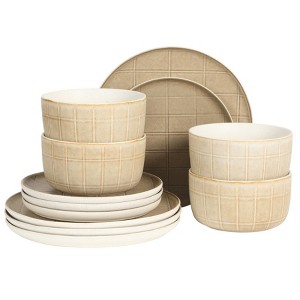 Gisbon Elite Butterwick 12 Piece Plates and Bowls Reactive Glaze Patterned Stoneware Dinnerware Set - 1 of 4