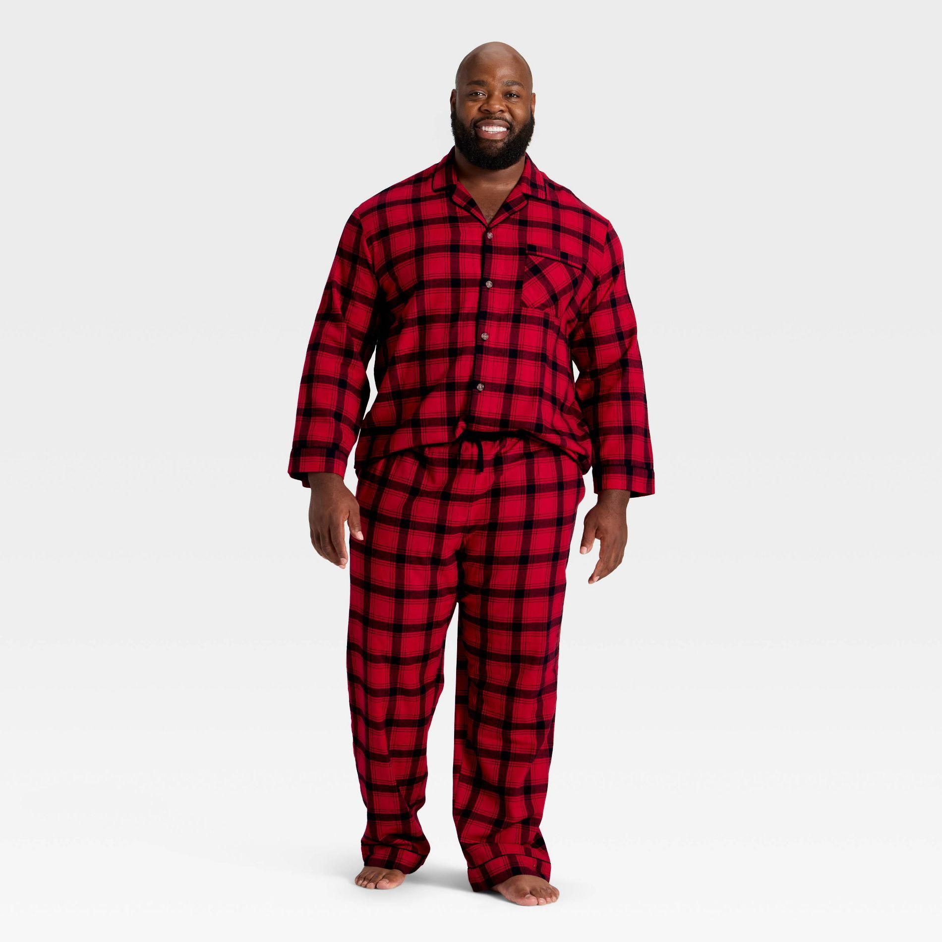 Men's Plaid Flannel Long Sleeve Shirt and Pants Holiday Matching Family Pajama Set - Wondershop™ Red/Black