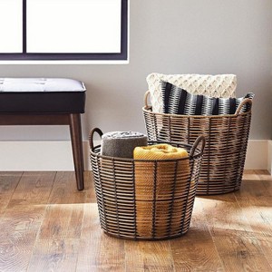 Angel Sar Extra Large Round Poly Rattan Storage Basket, Decorative Basket with Handles, 18.7x16 Inch - 1 of 4