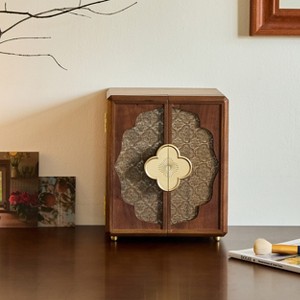 Vintage Walnut Wooden Jewelry Box with Embossed Glass Doors, Brass Lock, Gift Organizer for Women - 1 of 4