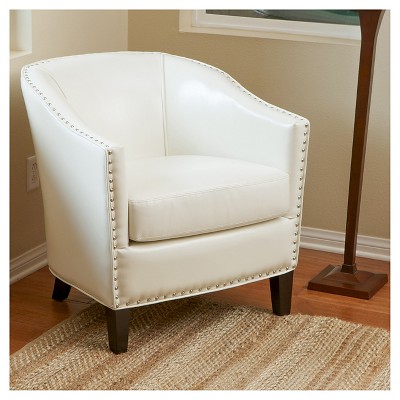 Ivory Leather Barrel Club Chair with Wood Legs