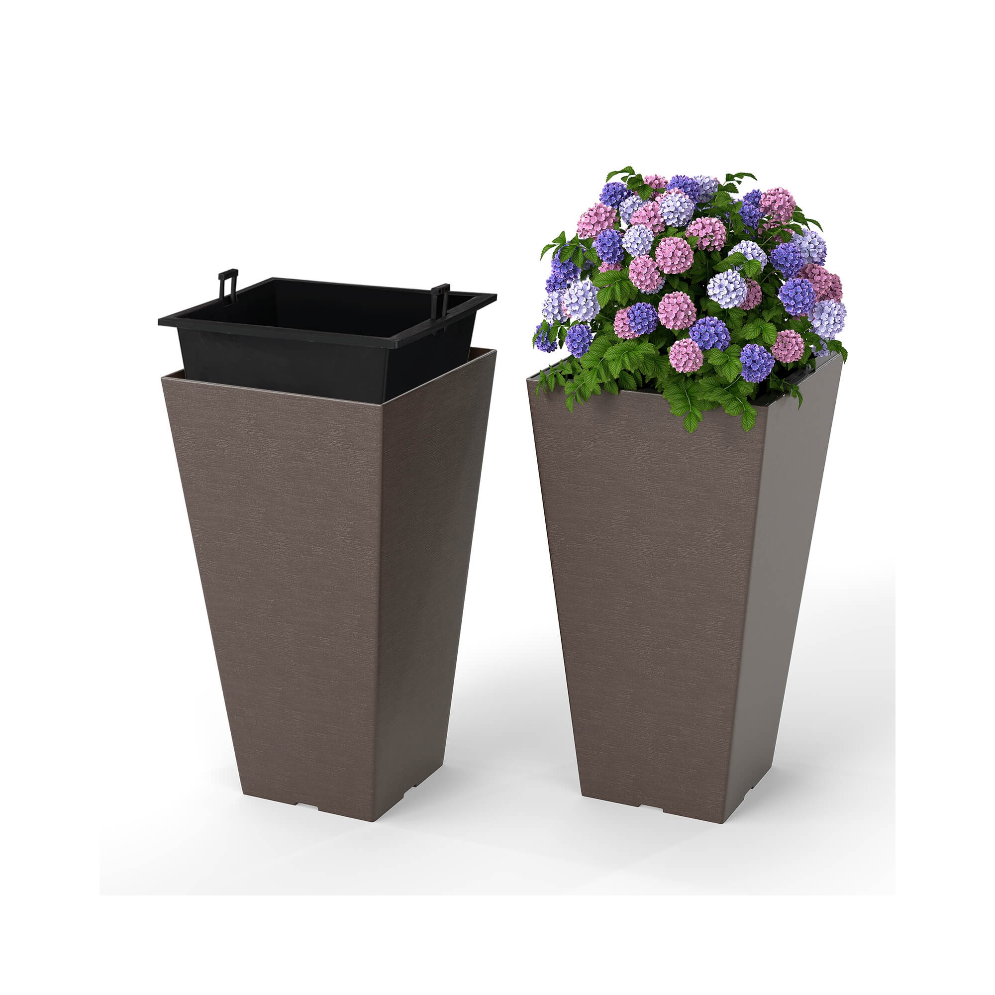 Costway 22.5" Tall Square Planter Set of 2 with Removable Inner Bucket & Drainage Holes