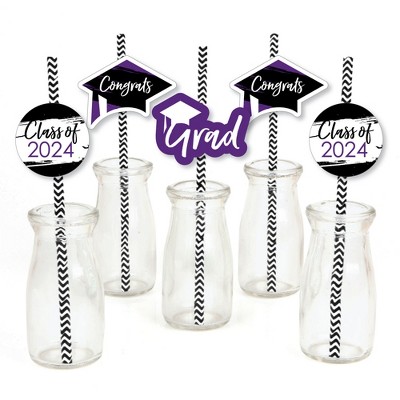 Big Dot of Happiness Purple 2024 Graduation Paper Straw Decor - Party Striped Decorative Straws - Set of 24