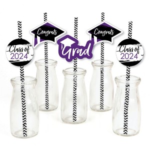 Big Dot of Happiness Purple 2024 Graduation Paper Straw Decor - Party Striped Decorative Straws - Set of 24 - 1 of 4