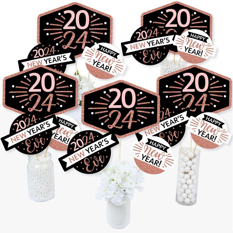 Big Dot of Happiness Rose Gold Happy New Year - 2024 New Year's Eve Party Centerpiece Sticks - Table Toppers - Set of 15, 1 of 9