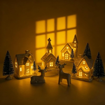 Christmas Village Sets- 13 Pieces Indoor Christmas Decorations, White Ceramic Village Houses Set of 4 with 7 Trees & 2 Deer