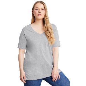 June + Vie by Roaman's Women's Plus Size Short-Sleeve V-Neck One + Only Tunic - 1 of 4