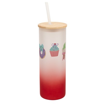 Elanze Designs 25 Ounce Frosted Glass Gradient Travel Tumbler With Straw and Wooden Lid, Pastel Dessert Red