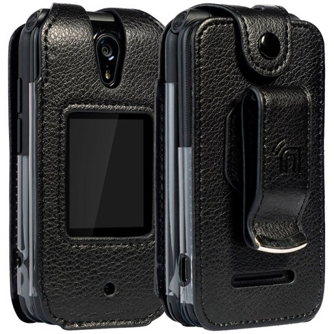 Case for Nokia 2720 V Flip Phone, Nakedcellphone [Black Vegan Leather]  Form-Fit Cover with [Built-In Screen Protection] and [Metal Belt Clip] 