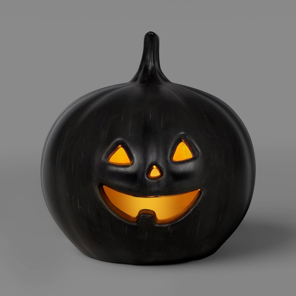 9.75" Lit Pumpkin Jack O' Lantern Halloween Prop with Timer/Terracotta Like Black Antique Wash Finish - Hyde and EEK! Boutique™