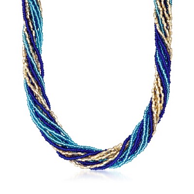 Ross-Simons Italian Blue and Golden Murano Glass Bead Torsade Necklace With 18kt Gold Over Sterling